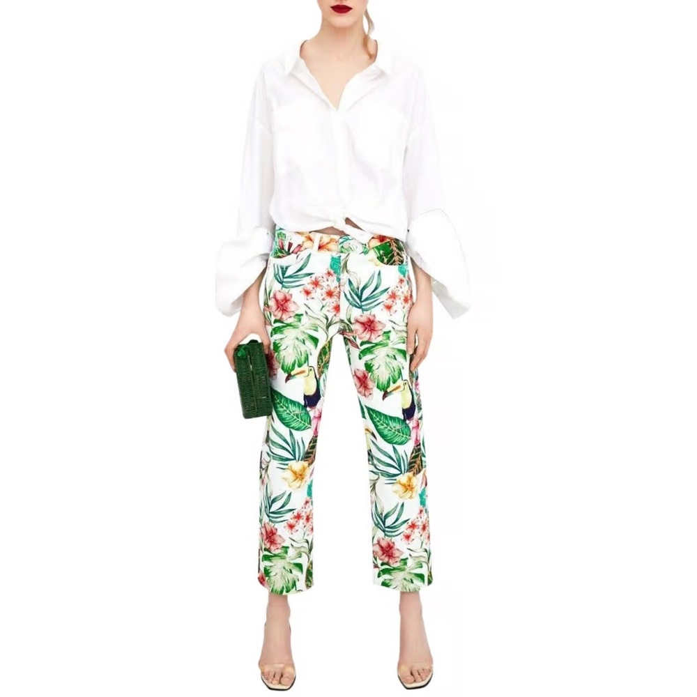 Zara Womens Pants 4 White Tropical Coastal Print Denim Straight Leg Crop Jeans - Picture 2 of 11